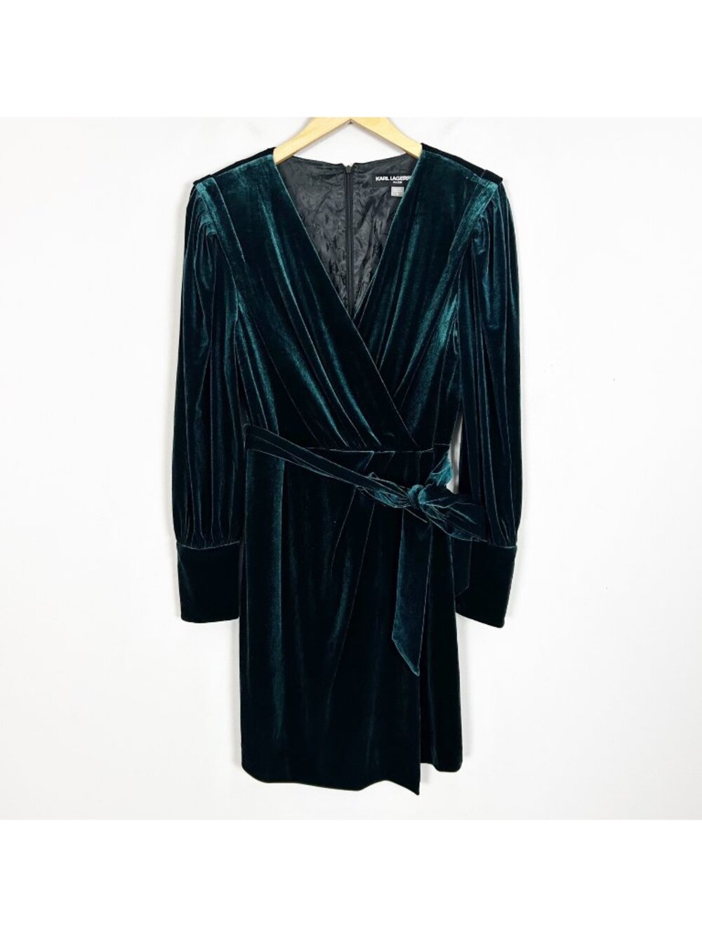 Karl Lagerfeld Green Velvet Faux Wrap Dress Tie Waist Size 10 Women's